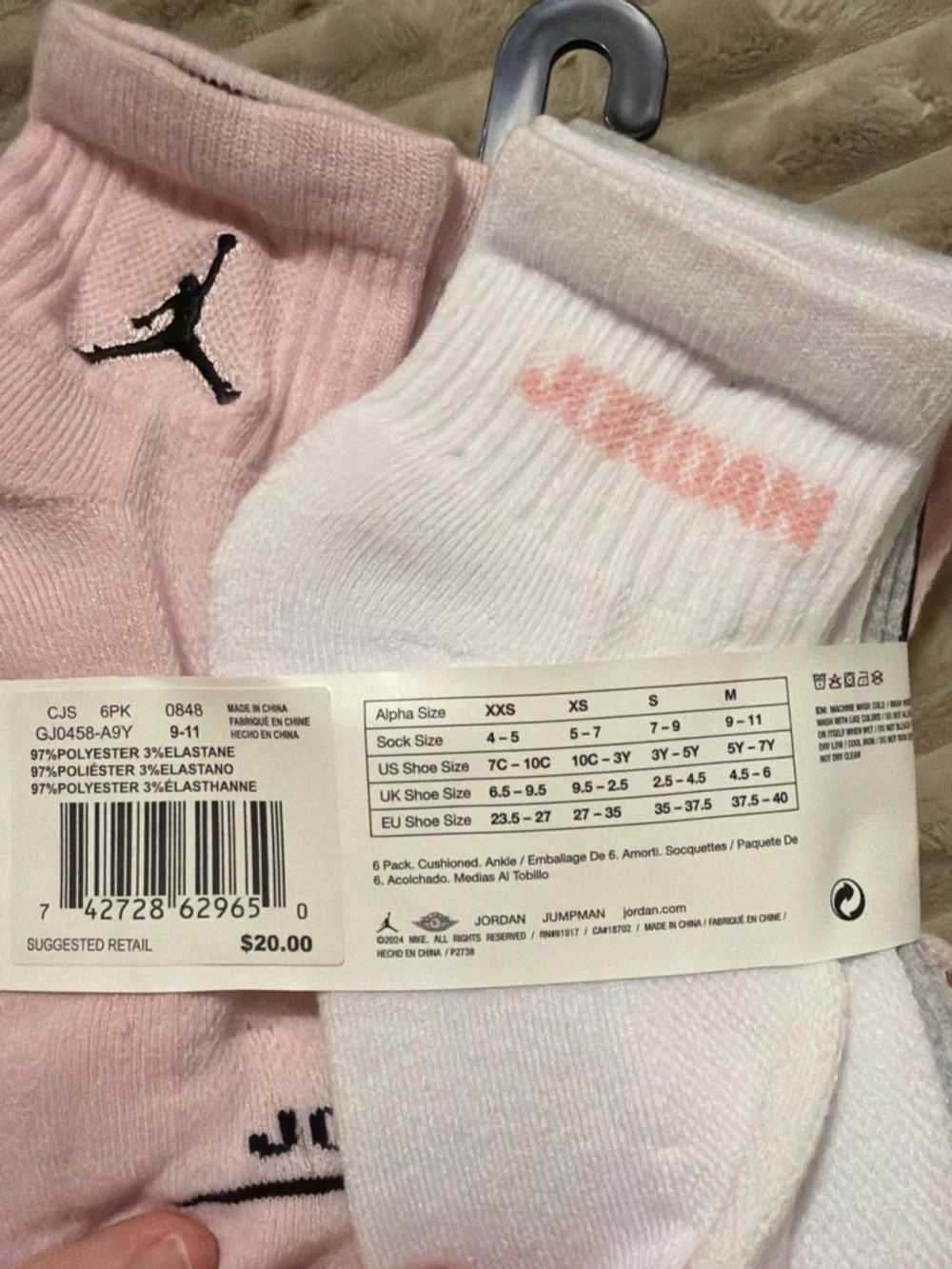 Jordan 6-Pack Cushioned Ankle Socks - Pink & Black